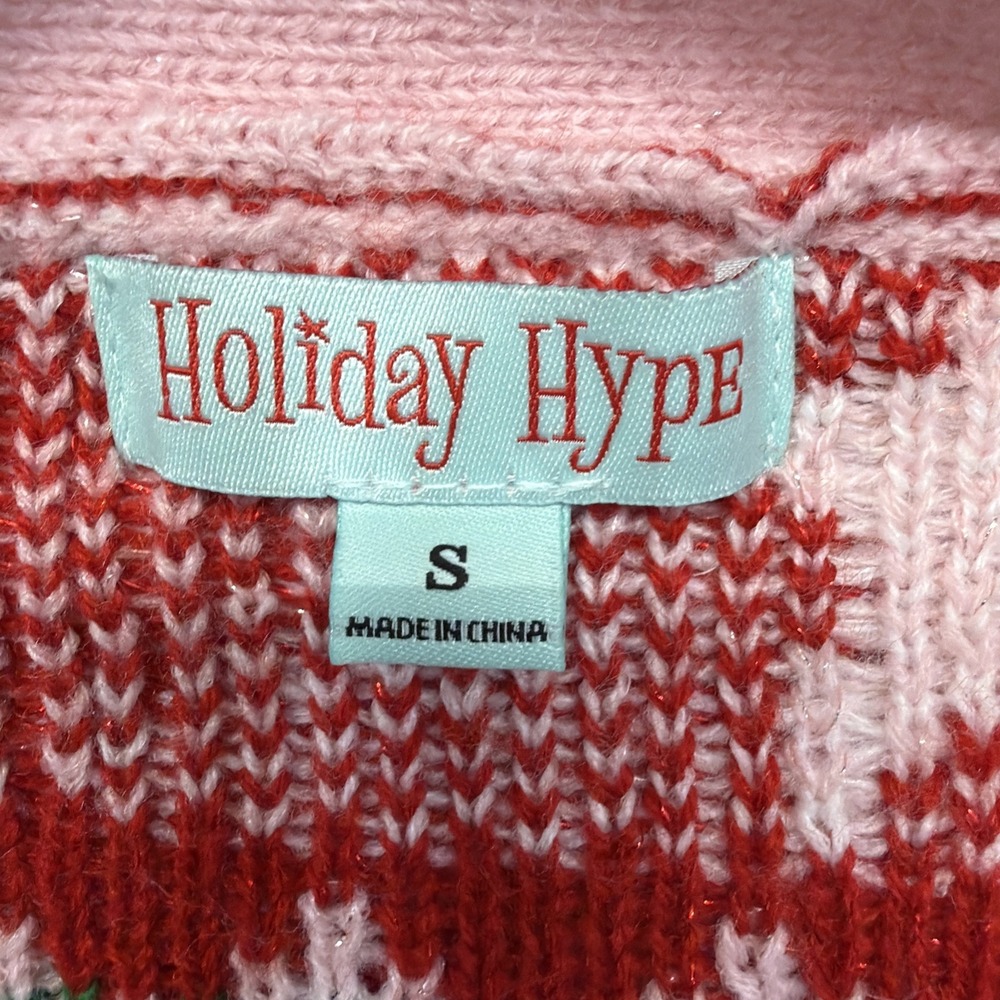 Holiday Hype Pink‎ Christmas Cardigan Sweater size Small Candy Canes Stars Trees - Picture 2 of 14
